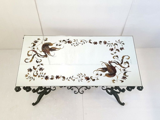 TABLE BASSE VINTAGE 1940 FER FORGE VERT & PLATEAU MIROIR DECOR OISEAUX 40S 40'S