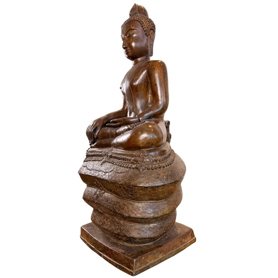 Buda Muchalinda Monumental de Bronce – Tailandia, Siglos XIII–XIV – 122 cm – Esculturas, Bronze, Gold (photo 9 of 11)