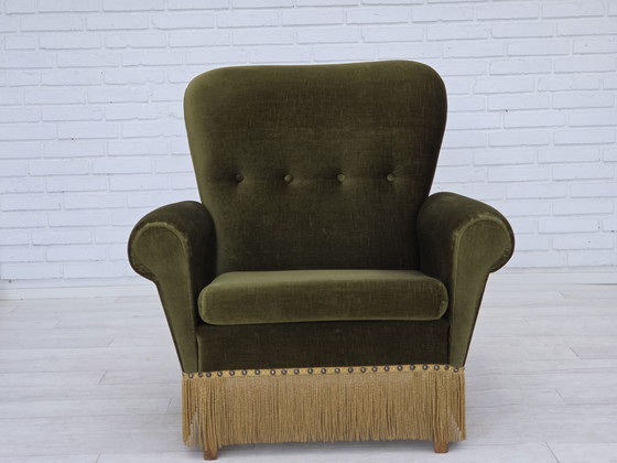 Image 1 of 1970s Danish Lounge Chair, High, Furniture Velour, Ash Wood Legs