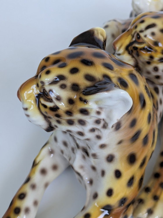 Image 1 of Large Italian Midcentury Porcelain Leopard Pair Sculpture Hollywood Regency Ronzan Style