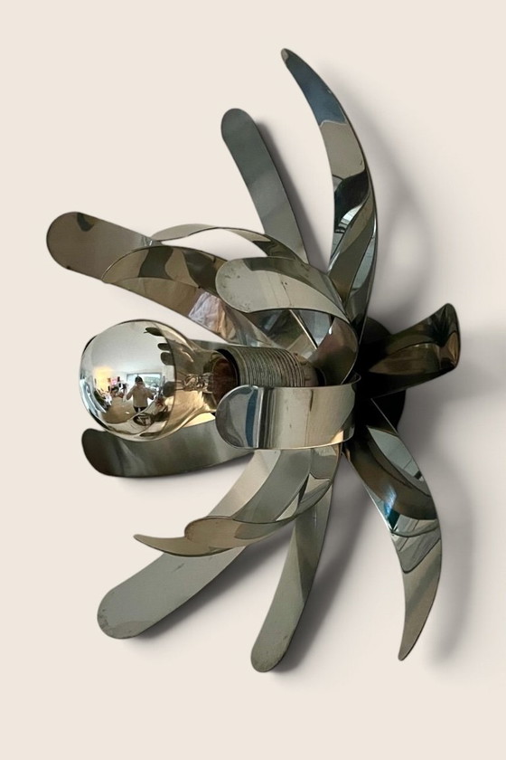 Vintage chrome steel flower Wall light, 70s, Space Age, Michel Boyer, Oxam, Metal, Silver (photo 2 of 6)