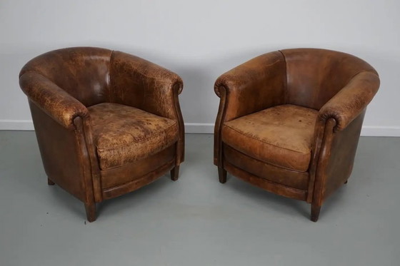Image 1 of Vintage Nederlandse cognackleurige leren clubfauteuils, set van 2