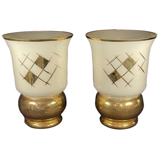 Art Deco Golden Sandblasted Glass Vases by Verreries de Laeken, 1935, Set of 2