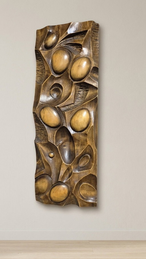 Panneau mural en bois sculpté en relief, art mural, milieu du XXe siècle, 55 × 20 × 5 cm – beeldhouwkunst (photo 2 of 7)