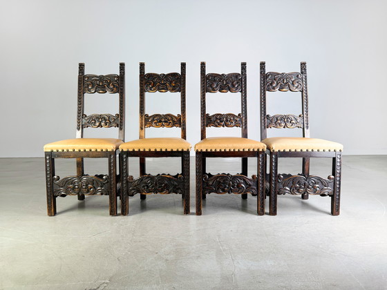 Image 1 of Set di 4 sedie neobarocche storicismo sedia antica in pelle epoca guglielmina