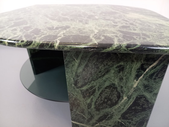 Image 1 of Vintage Square Coffee Table with 2 Tops in Green Marble and Smoked Glass from the 70s