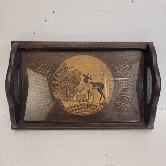Image 1 of Tablett mit Antilopenschnitzerei, Holz, Art Deco, ps XX - Frankreich