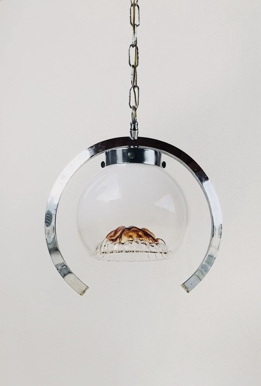 Lámpara Colgante Vintage Mazzega Murano Cristal Años 70 | Lámpara Araña Cromada Space Age Italiana