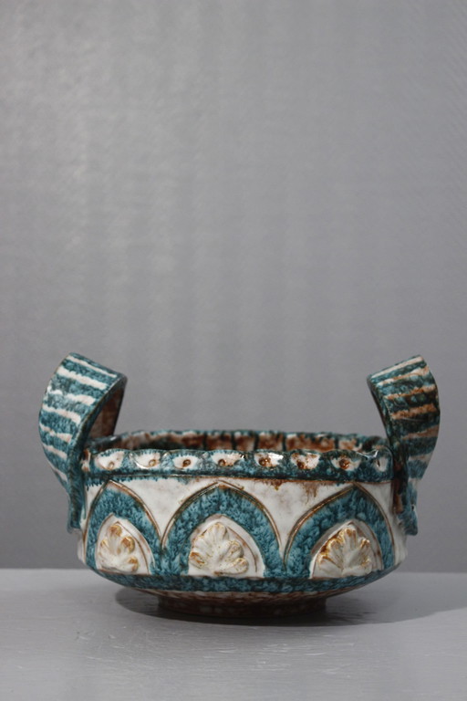 Coupe à fruits à anses céramique polychrome Italie 1950s style Picault Deruta