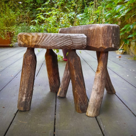 Image 1 of Pair of Brutalist tripod stools in grey pine. France, 50s