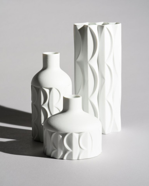 Retro Scherzer Werner Uhl Design Biskuitporzellan Flaschenvase Op-Art Relief TRIO