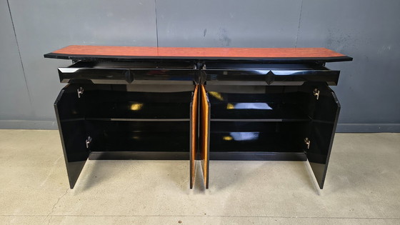 Image 1 of Vintage lacquer and burl wood credenza, 1980s