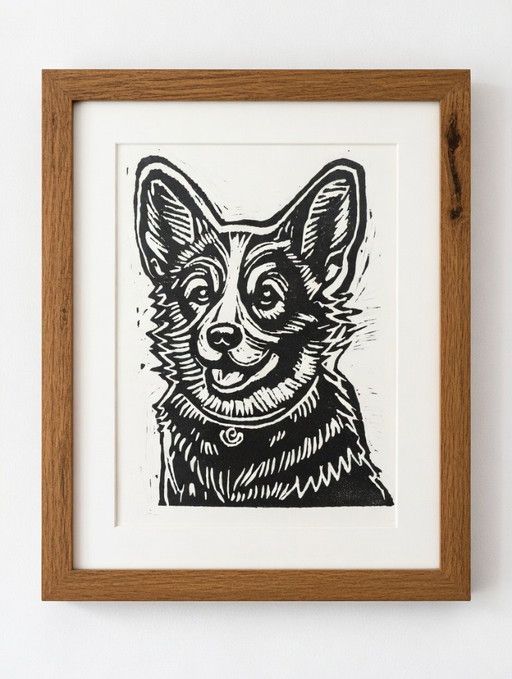 Linoleografia fatta a mano, ritratto di animale domestico, Corgi