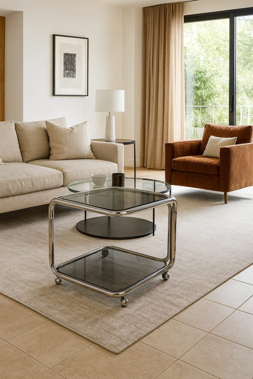 Vintage rolling table in chrome and smoked glass