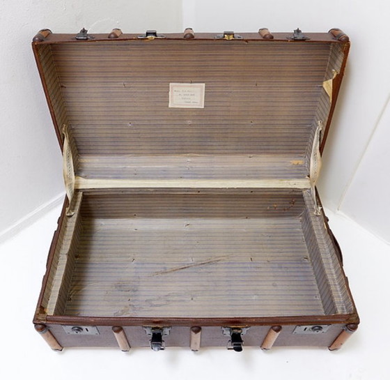 Image 1 of Valise-malle de voyage ancienne en toile et bois des années 1920, bagage vintage