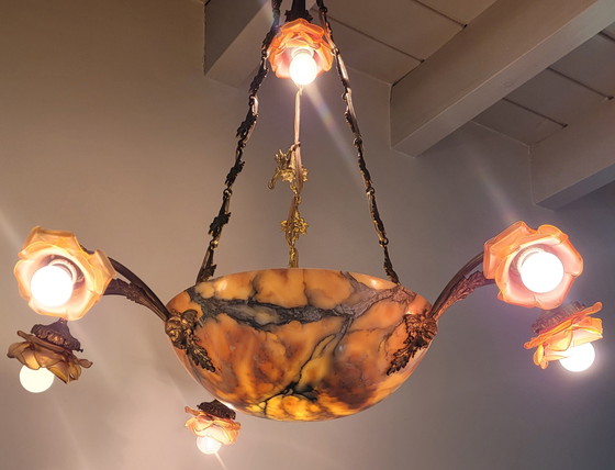 Image 1 of Art-Nouveau Chandelier Ca. 1920 - Alabaster & Glass
