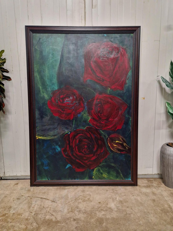 Image 1 of Large classic painting with roses in a thundering classic frame, dimensions: 113 cm wide and 168 cm high.