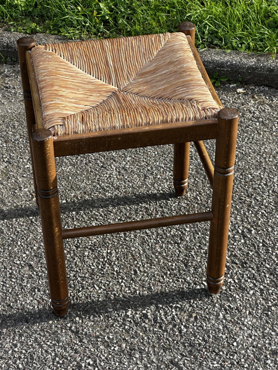 Vintage Wooden Stool with Straw Seat – 60s (photo 4 of 4)