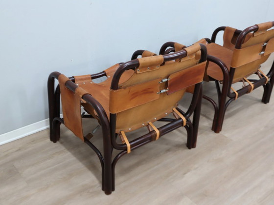 Image 1 of Tito Agnoli fauteuil uit het midden van de 20e eeuw, leer en bamboe, jaren 60.