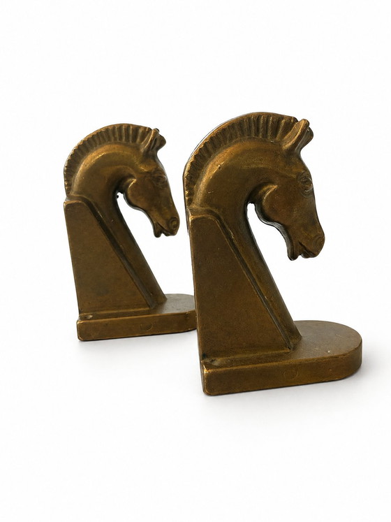 Image 1 of Heavy Brutalist Brass Horse Bookends - Germany 1960s