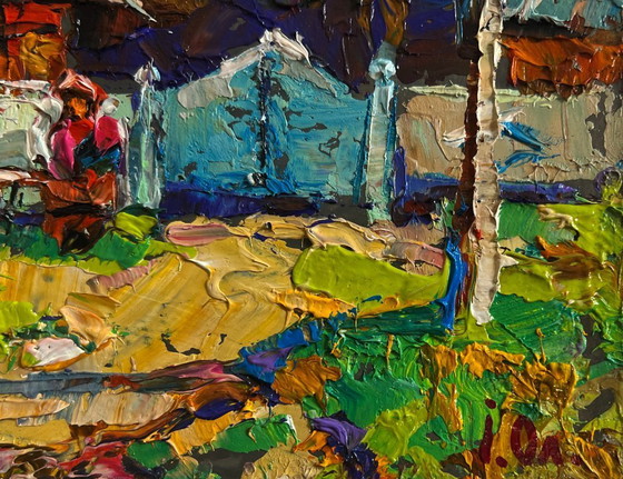 Image 1 of Original Oil Painting Summer Village Landscape Relaxing on a bench