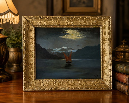 Swiss Oil Painting of Lake Geneva with Vaudoise Sailboat & Dents du Midi, c.1900–1930