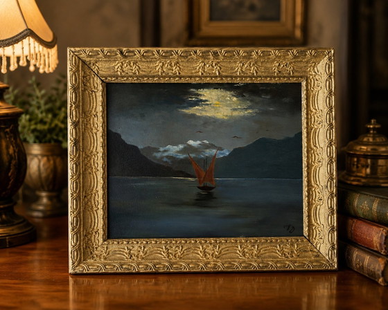 Image 1 of Swiss Oil Painting of Lake Geneva with Vaudoise Sailboat & Dents du Midi, c.1900–1930