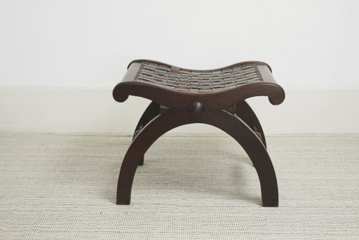 Spanish Revival Leather Stool Woven Leather Footstool Vintage Spanish Colonial Ottoman Rustic Wood Accent Seat
