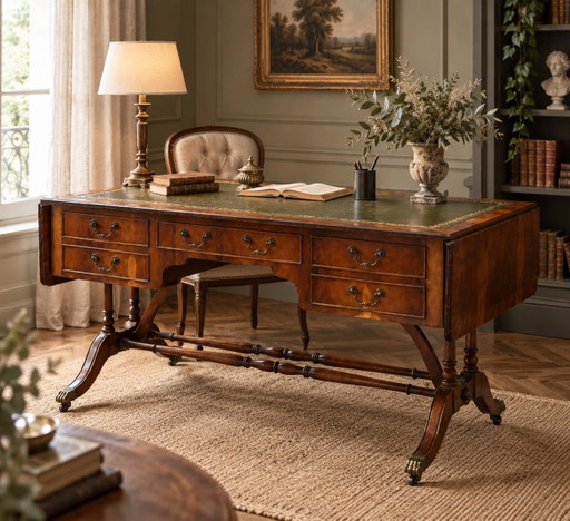 Scrivania a doppia faccia in mogano inglese con prolunghe – bureau, Wood, Leather
