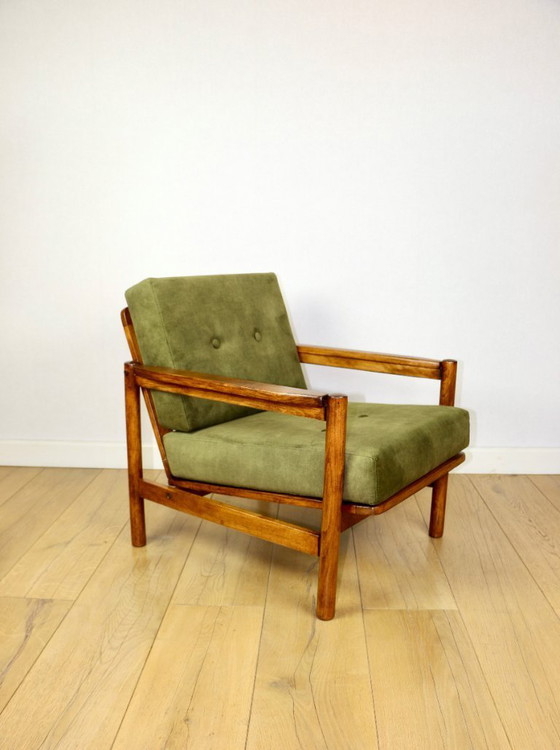 Image 1 of Wooden armchair designed by Z. Baczyk in a vintage style, upholstered in olive green velvet.