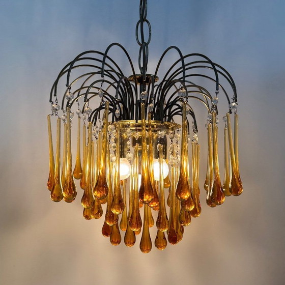 Image 1 of Mid Century Design Murano-Bernsteinglas-Tropfenleuchter, 1970er Jahre