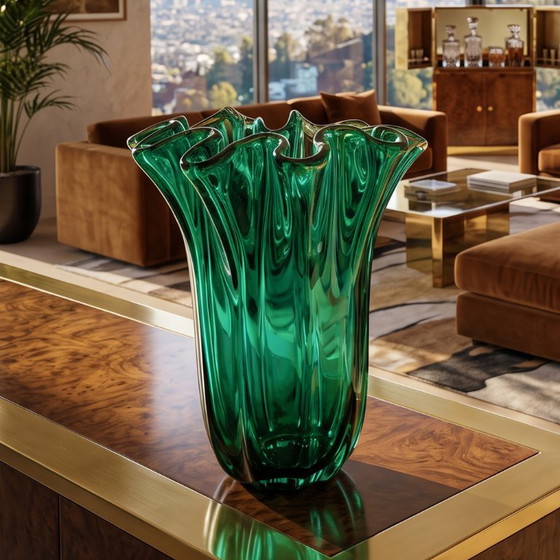 Image 1 of 1970s Astonishing Emerald Green "Fazzoletto" Vase by Michielotto in Murano Glass, Made in Italy