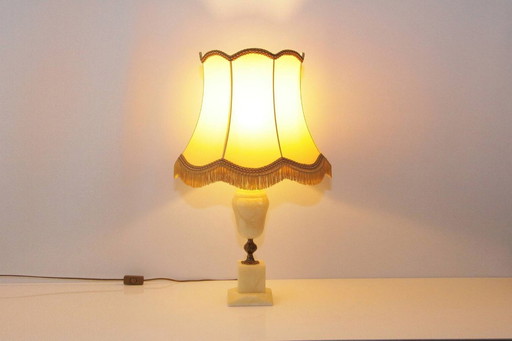 Tischlampe Naturstein Messing Kunstleder Fransen 67cm 1970er J Vintage