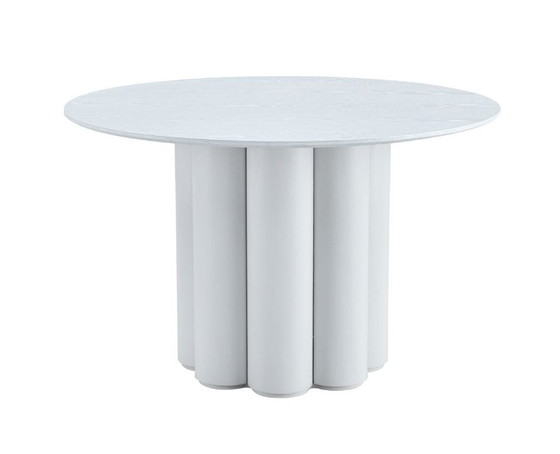 Image 1 of Mesa de comedor blanca con flores: diseño elegante y moderno.