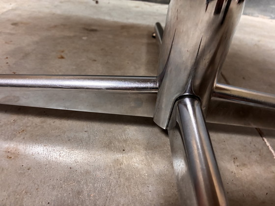 Image 1 of Round oak dining table with chrome base, vintage