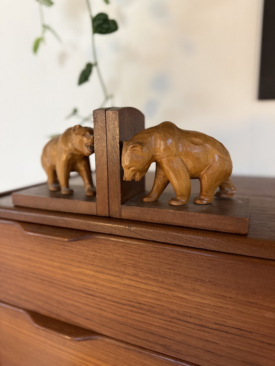 Image 1 of Set of 2 vintage teak bear bookends '60