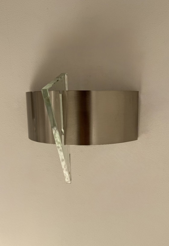Coppia di applique vintage in metallo spazzolato e vetro, Francia, 1970 – Glass (photo 5 of 7)