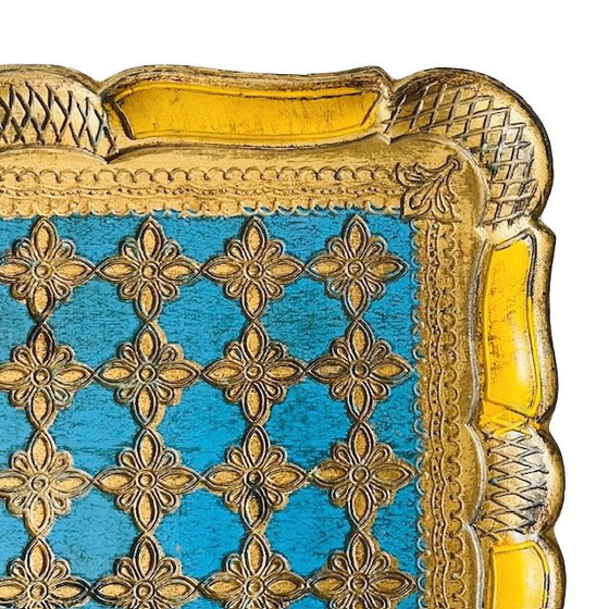 Image 1 of Vassoio fiorentino vintage blu oro anni '70
