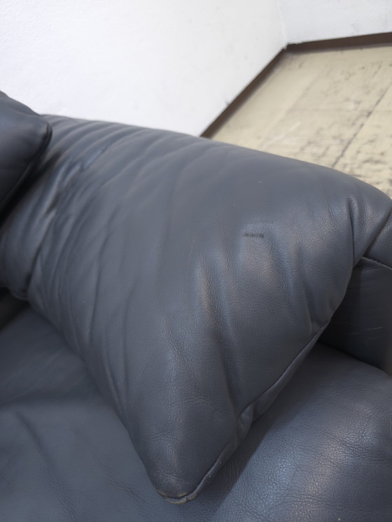 Image 1 of Cassina Maralunga two-seater designer sofa, leather sofa, couch, blue-grey, Magistretti