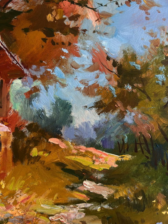 Image 1 of Original Oil Painting Autumn House Landscape Autumn golden path