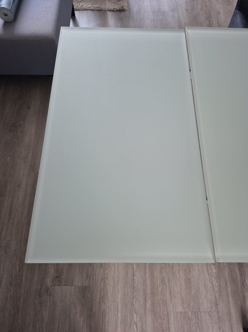 Hülsta Design Dining Table – Satin Glass, Walnut Wood & Stainless Steel