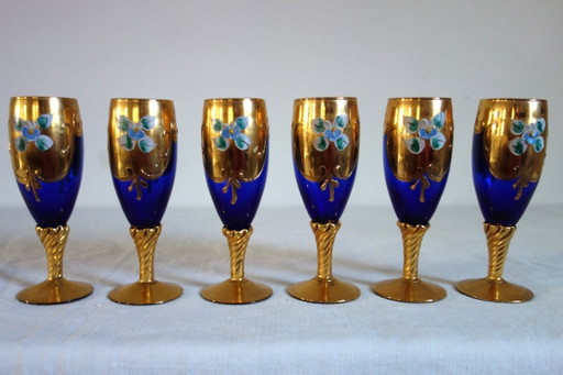 6 copas de aperitivo Murano azul cobalto y oro vintage