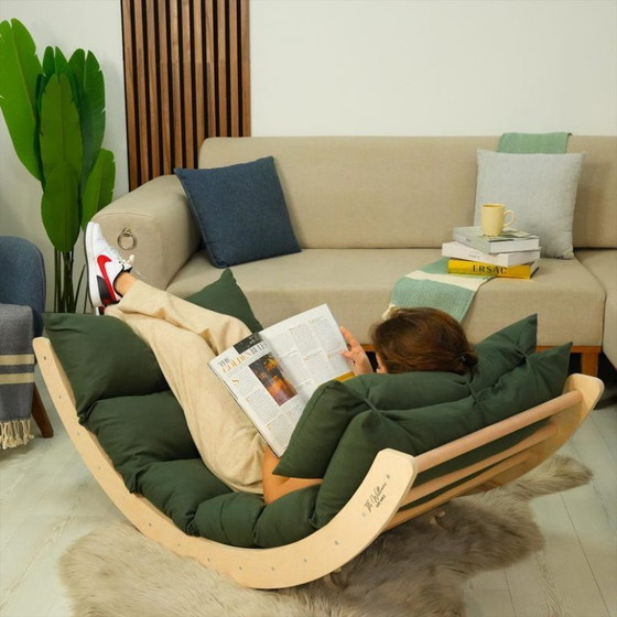 Image 1 of Chaise longue en bois : coussin de chaise longue d'extérieur à bascule pour la sieste au jardin, meubles de terrasse confortable