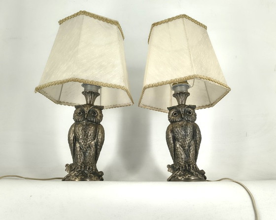 Image 1 of Coppia di lampade a forma di gufo in argento di Loevsky & Loevsky, anni '60