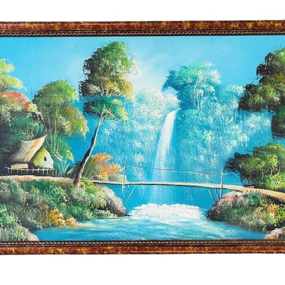 Image 1 of Vintage Indonesiano pittura ad olio XL paesaggio cascata