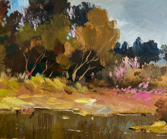 Image 1 of Original Oil Painting Autumn Lake Landscape Preparing for a boat trip