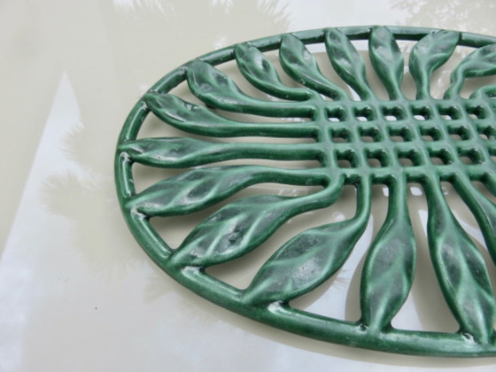 Image 1 of Large oval green enameled cast iron trivet, France, 1960s