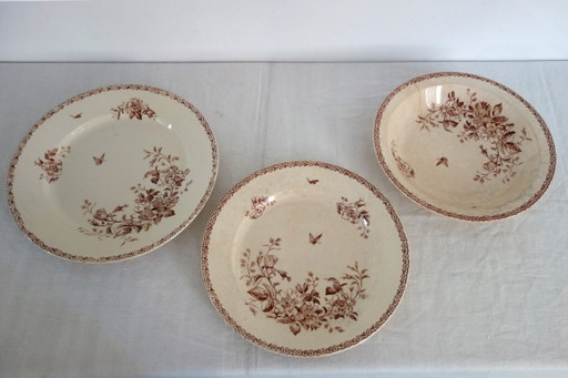 3 plats de service Terre De Fer Gien modèle Mai vers 1900