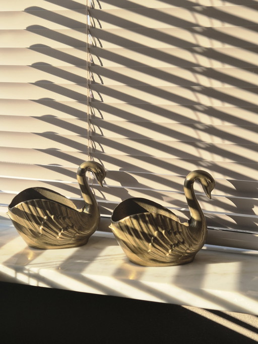 2x Brass Swan Flower Pot