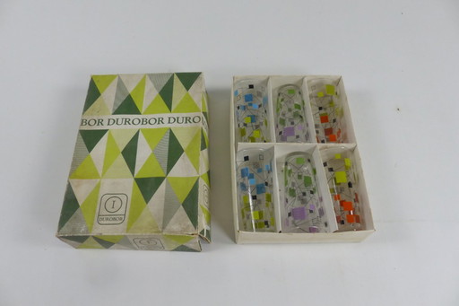 Lot de 6 verres sérigraphiés Durobor vers 1950.